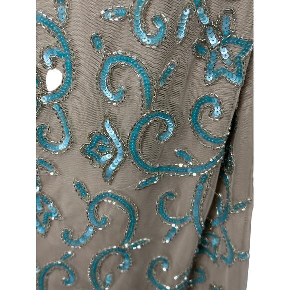 Aidan Matton Sheer Illusion Teal Sequin Gold Beaded Sleeveless Dress Womens Sz 2 - Picture 5 of 13